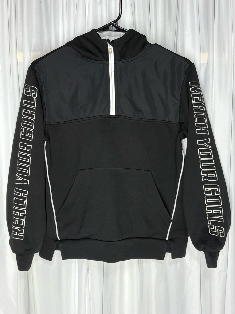 Zara Kids Black Half-Zip Hoodie with White Trim and Sleeve Text Size 13-14